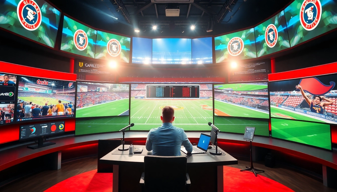 Analyst in a professional sports broadcasting studio engaging viewers with statistics and live updates.