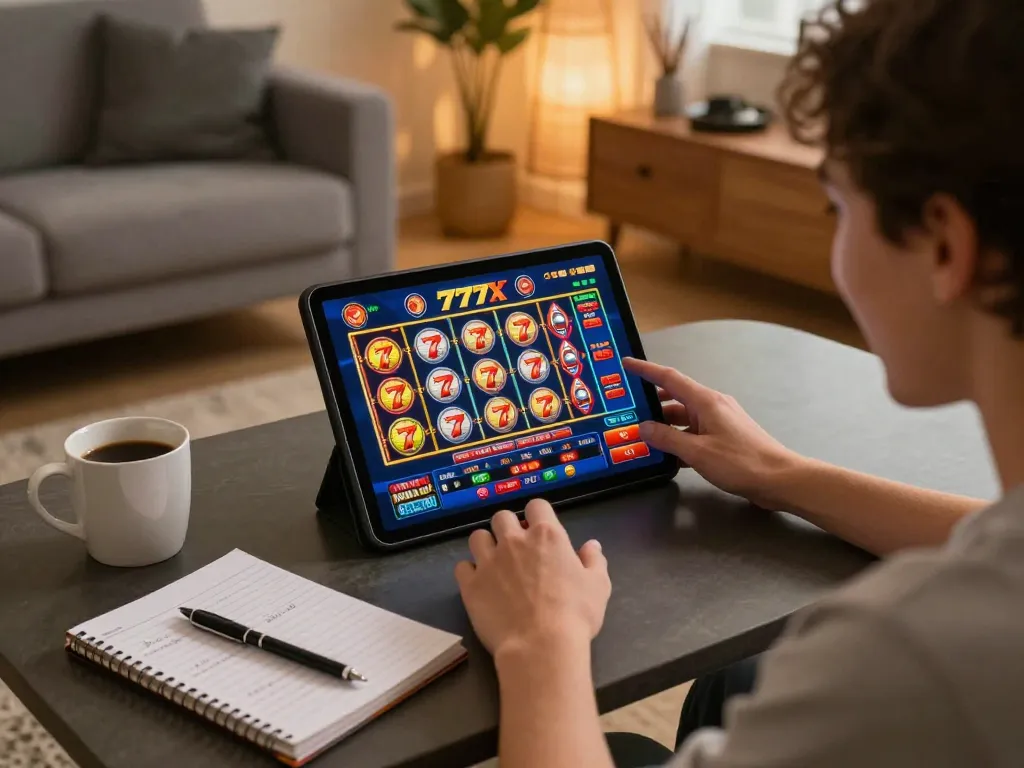 Engaged user exploring vibrant 777x online casino games on tablet at home.