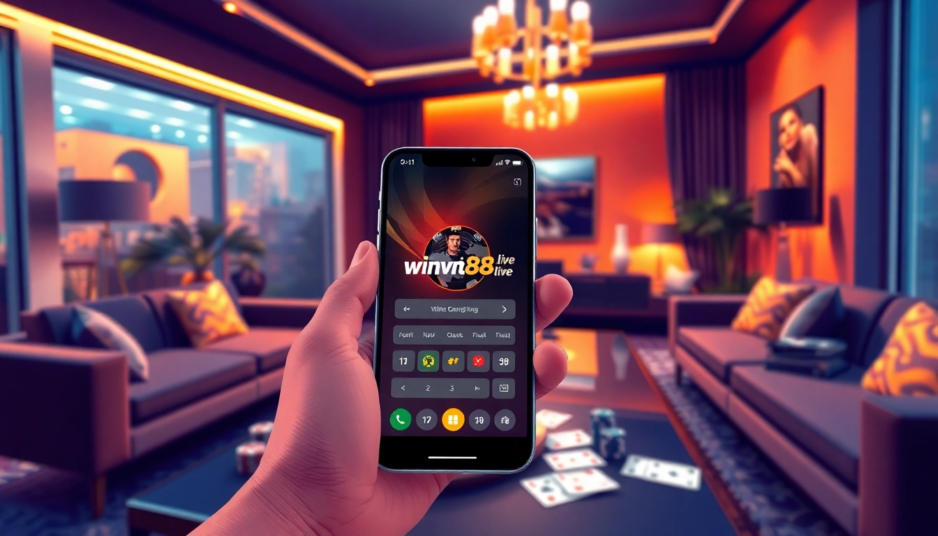 Engaging online gambling scene promoting winvn88.live app experience with casino elements.