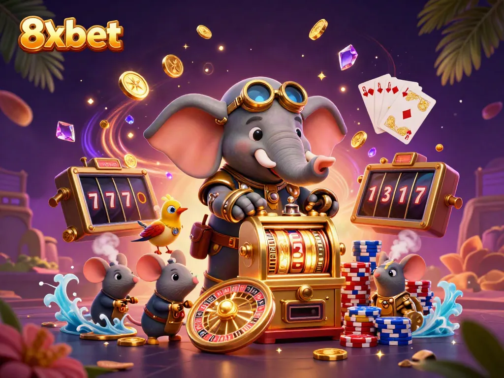 Experience excitement with 8xbet's vibrant 3D casino scene featuring dynamic characters and rich gambling elements.