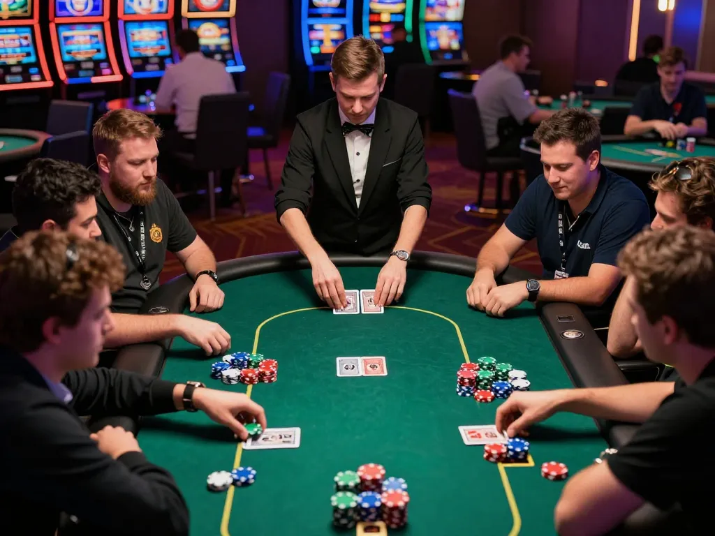 Players strategizing during an intense game of poker at Topzo casino, showcasing vibrant gameplay.