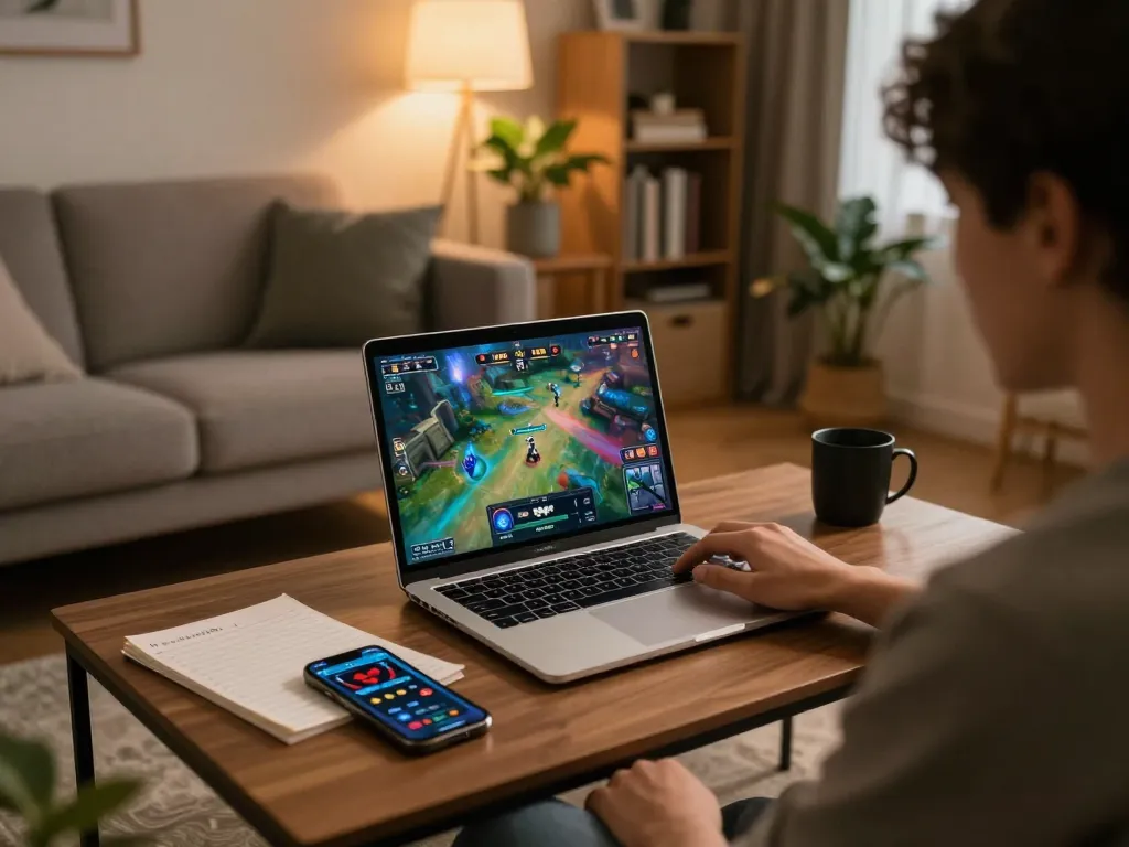 Player immersing in rik vip game on laptop at home, showcasing vibrant gameplay atmosphere.