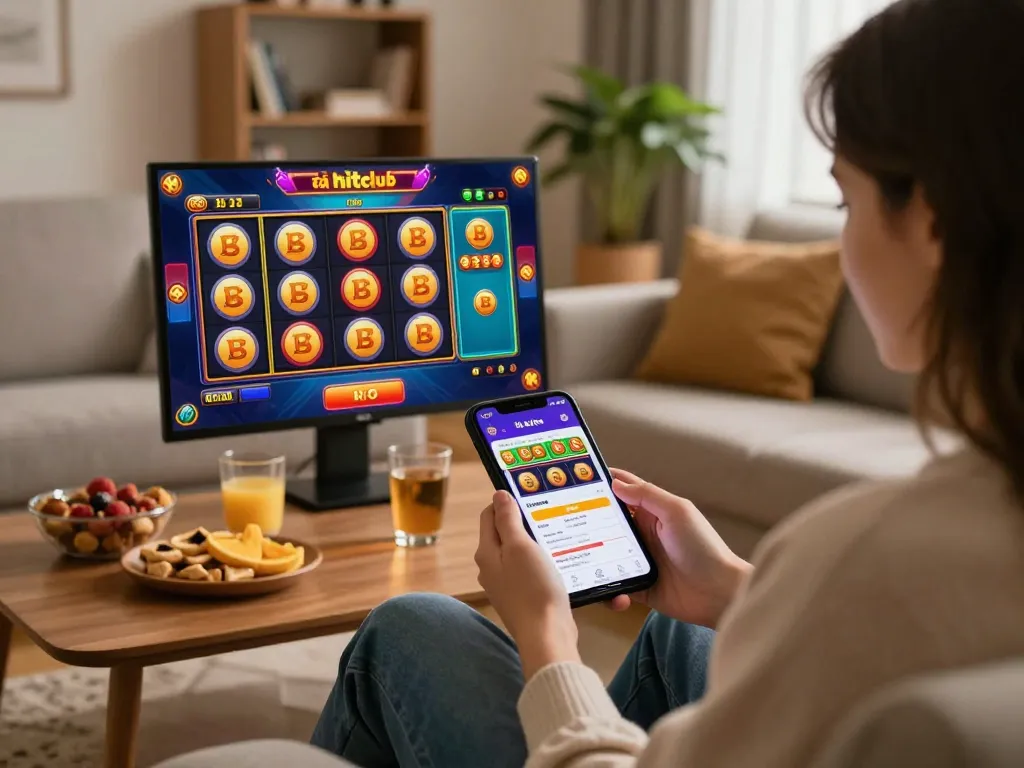 Engaging with the tải hitclub gaming app, capturing dynamic online casino gameplay in a cozy home setting.