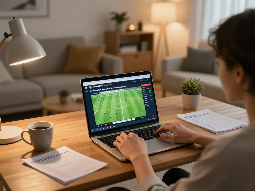 Engaging in cá độ bóng đá online at home with a live betting interface on screen