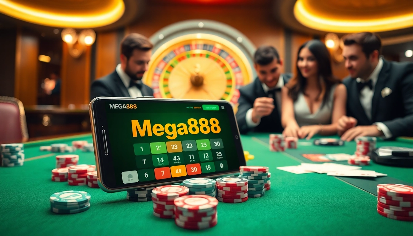 Engage with the thrilling experience of DOWNLOAD MEGA888 on a premium mobile device at a luxurious casino table.