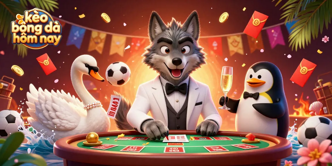 Engage in thrilling kèo bóng đá hôm nay action with a wolf, swan, and penguin at a vibrant betting scene.