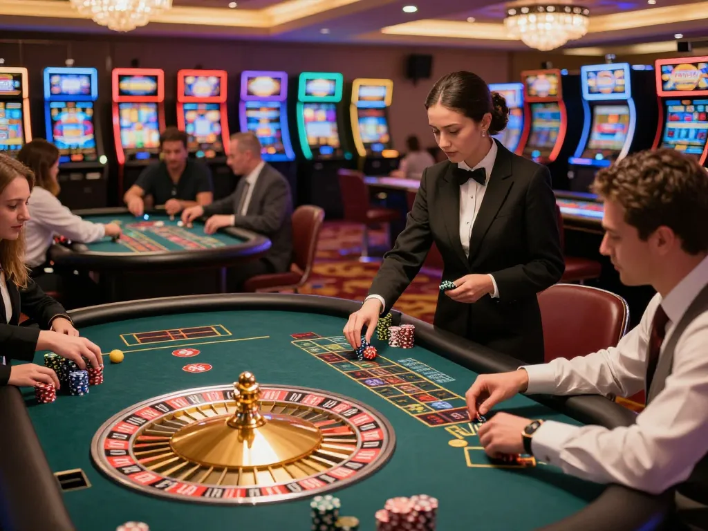 Players engaging at roulette tables, with vibrant casino atmosphere and the keyword 7m featured prominently.