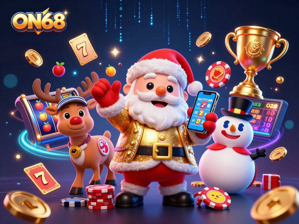 Experience the thrills of ON68 with a festive cartoon Santa celebrating jackpots in a vibrant casino scene.