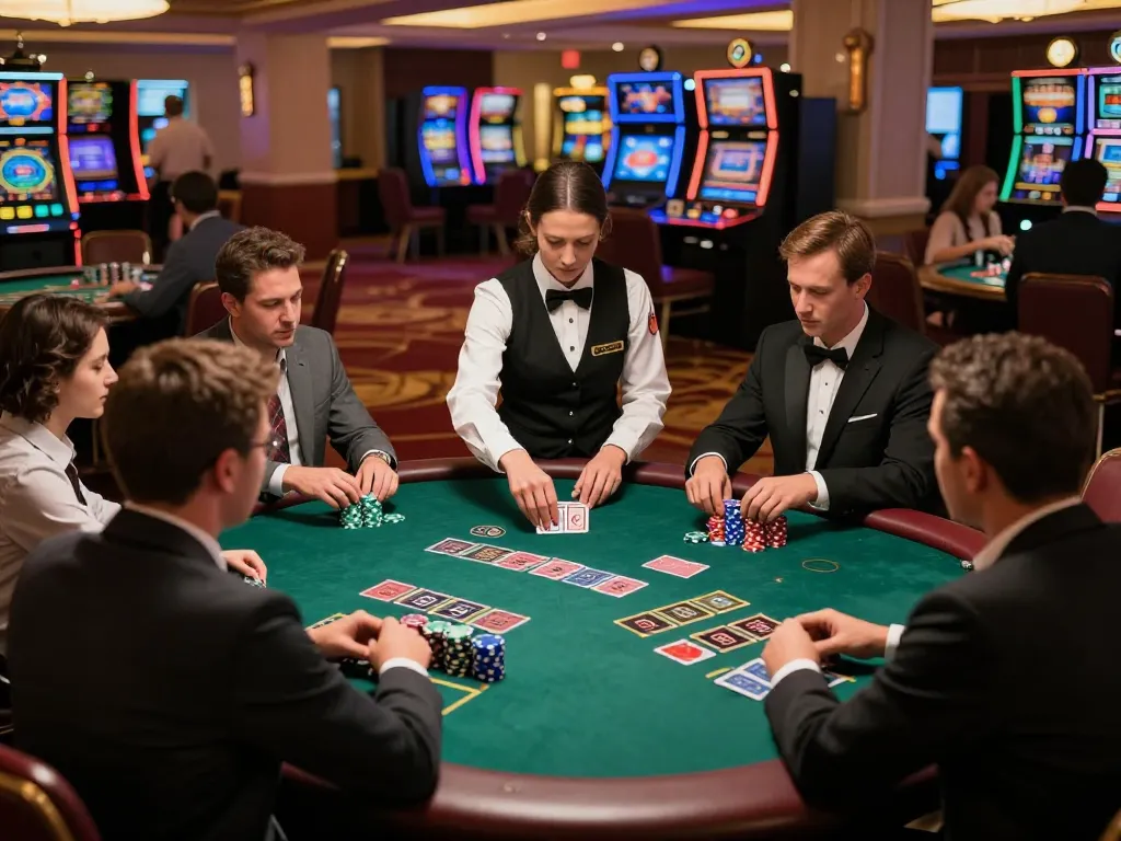 Players engaging in a high-stakes blackjack game at a vibrant casino, embodying the strategic thrill of 7m gambling.