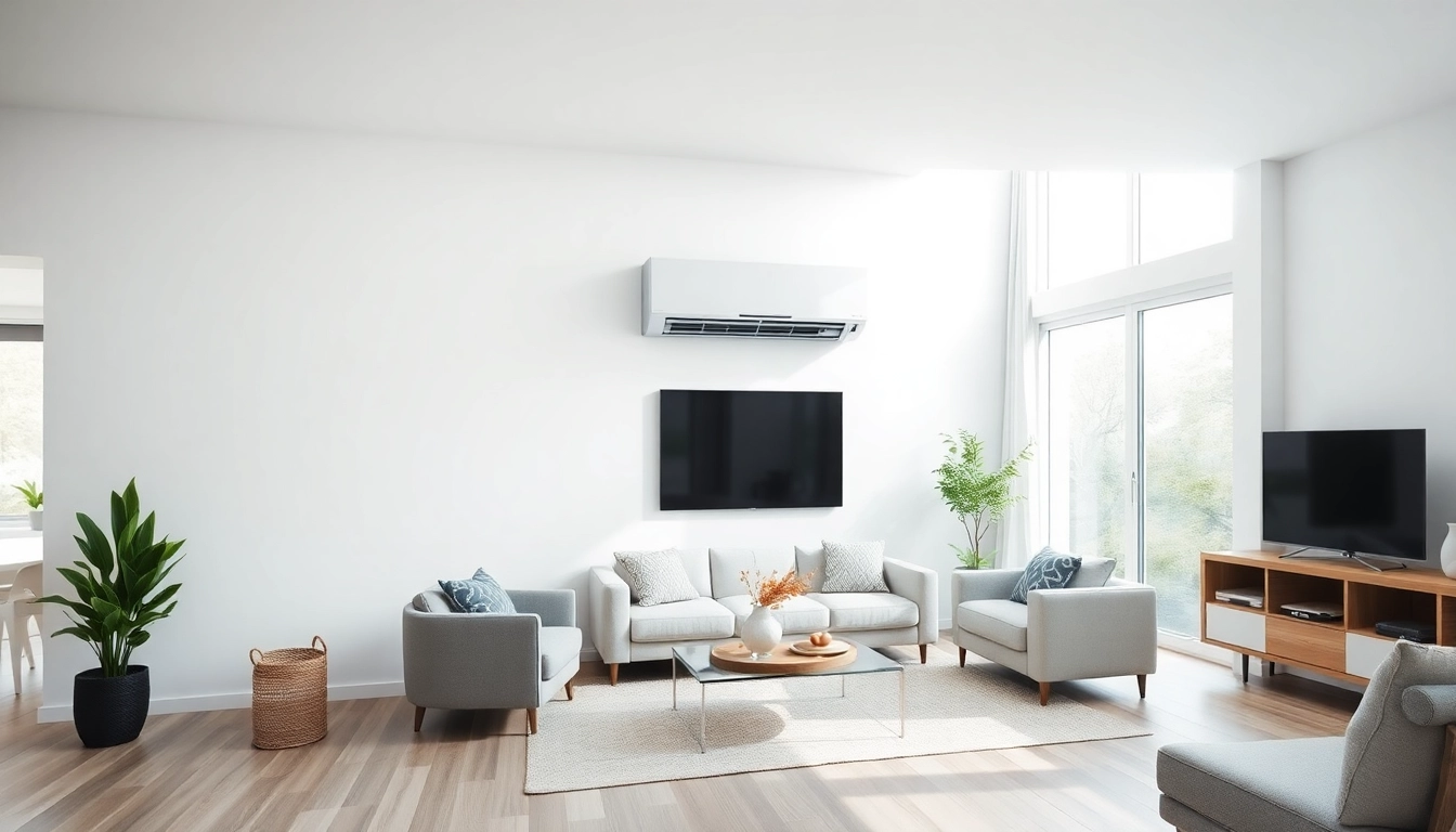 Install a mini split ac in a stylish living room setting with natural light and modern decor.