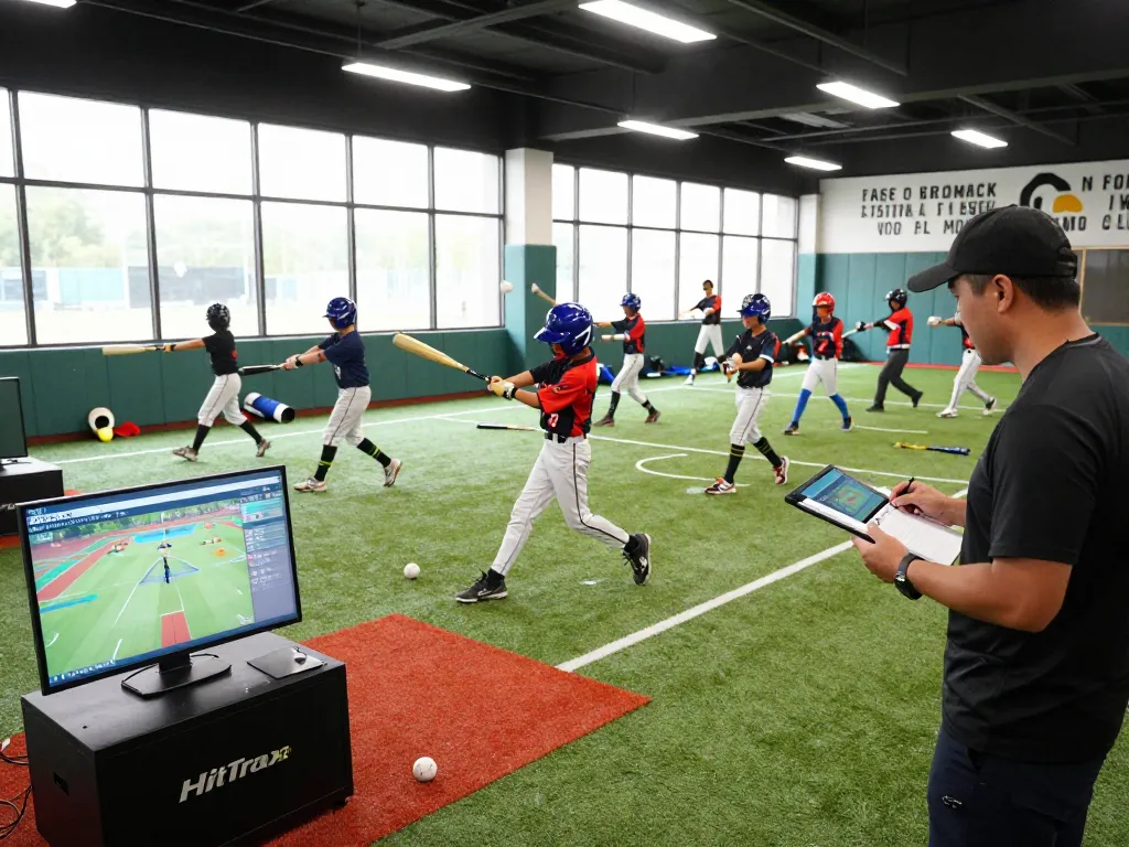 Young athletes at Hitclub practice baseball techniques in a vibrant indoor training facility
