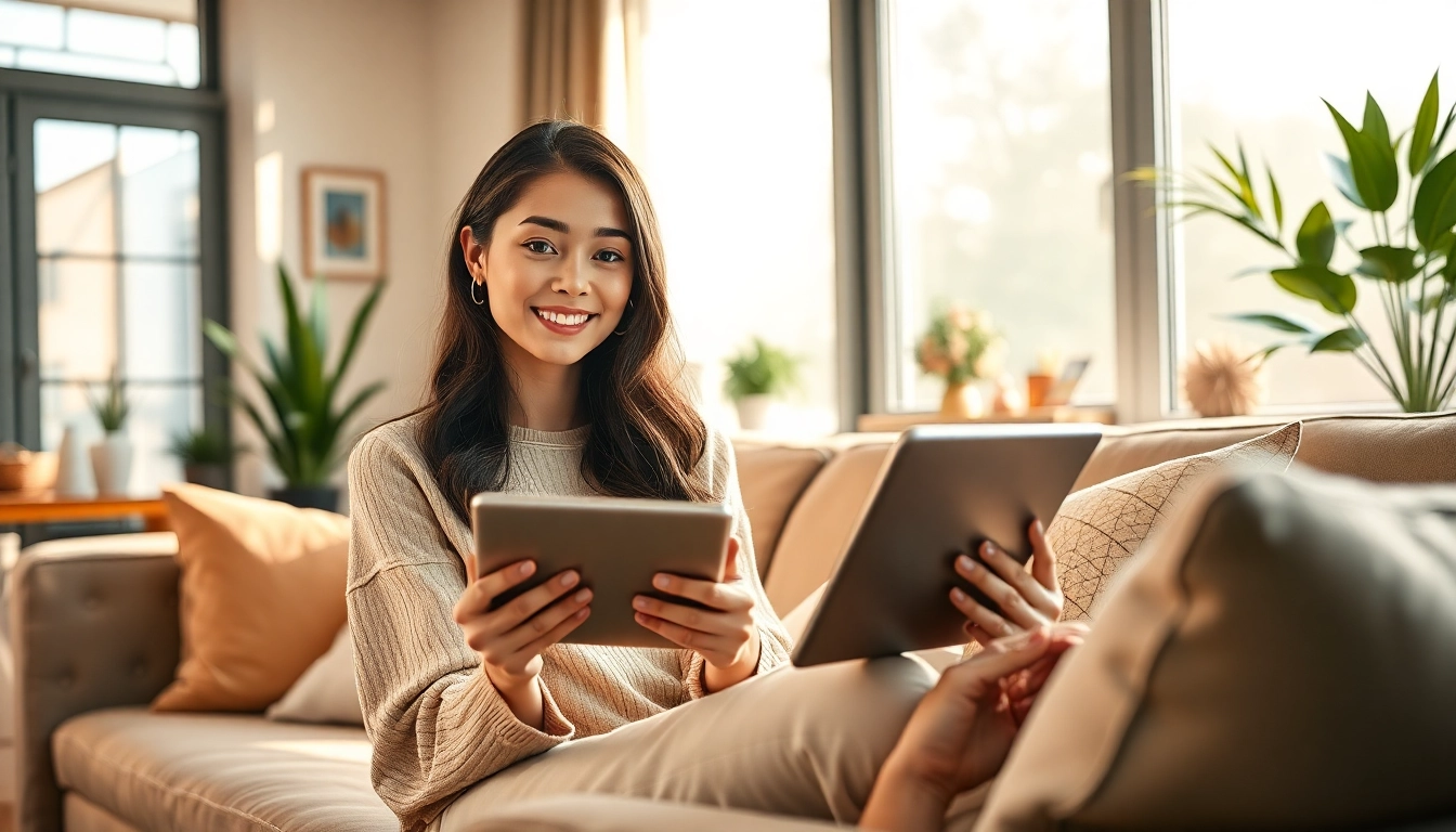The AI girlfriend engages in conversation, blending technology with warmth and intimacy in a cozy living space.