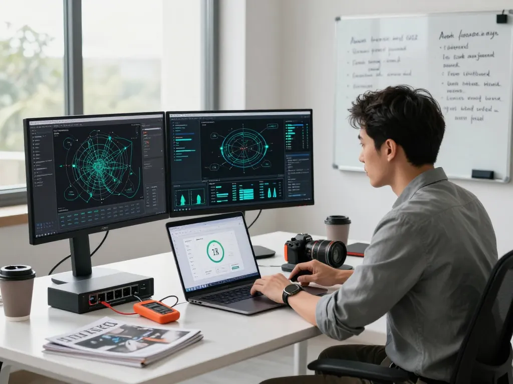 快连 network optimization software interface on a laptop in a tech workspace