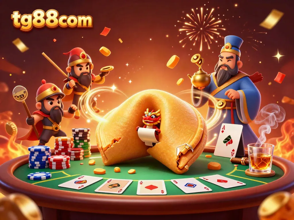 Play casino games at tg88com with rich visuals of a golden fortune cookie, poker chips, and dynamic elements.