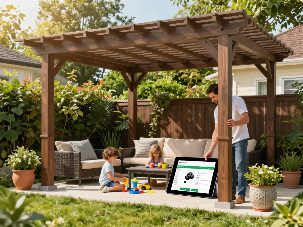 Scène familiale créative en extérieur mettant en avant un logiciel configurateur pergola dans un beau jardin.