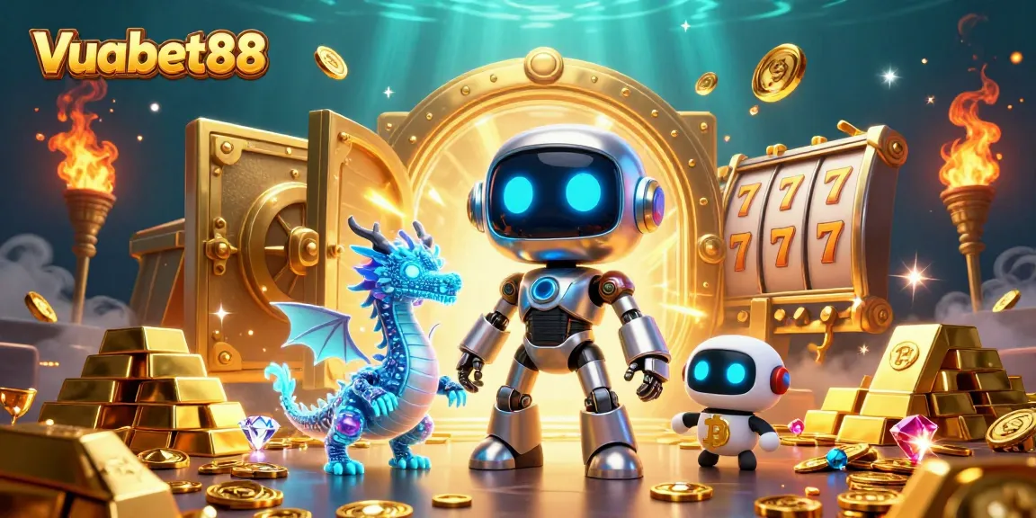 Join the excitement at Vuabet88 with a vibrant illustration of a cyberpunk-themed casino adventure featuring slot reels and gold.