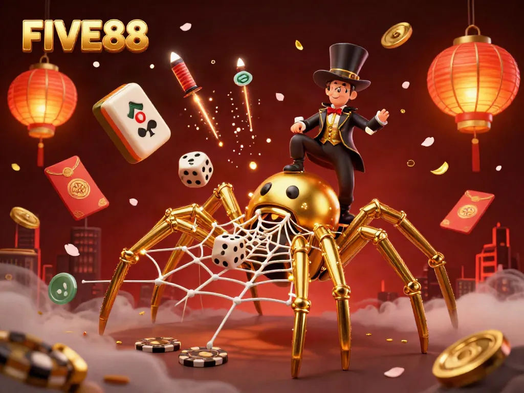 Experience the excitement of FIVE88 with a vibrant 3D illustration showing a steampunk spider and gambling elements.