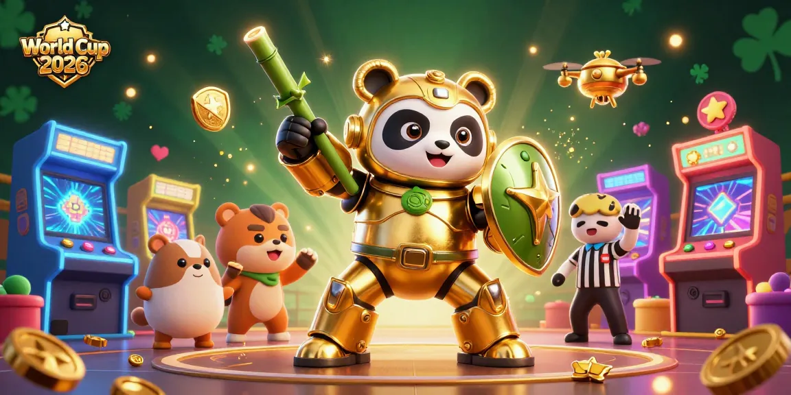 Experience thrilling gameplay at World Cup 2026 with a dynamic mech-suit panda amidst casino excitement.