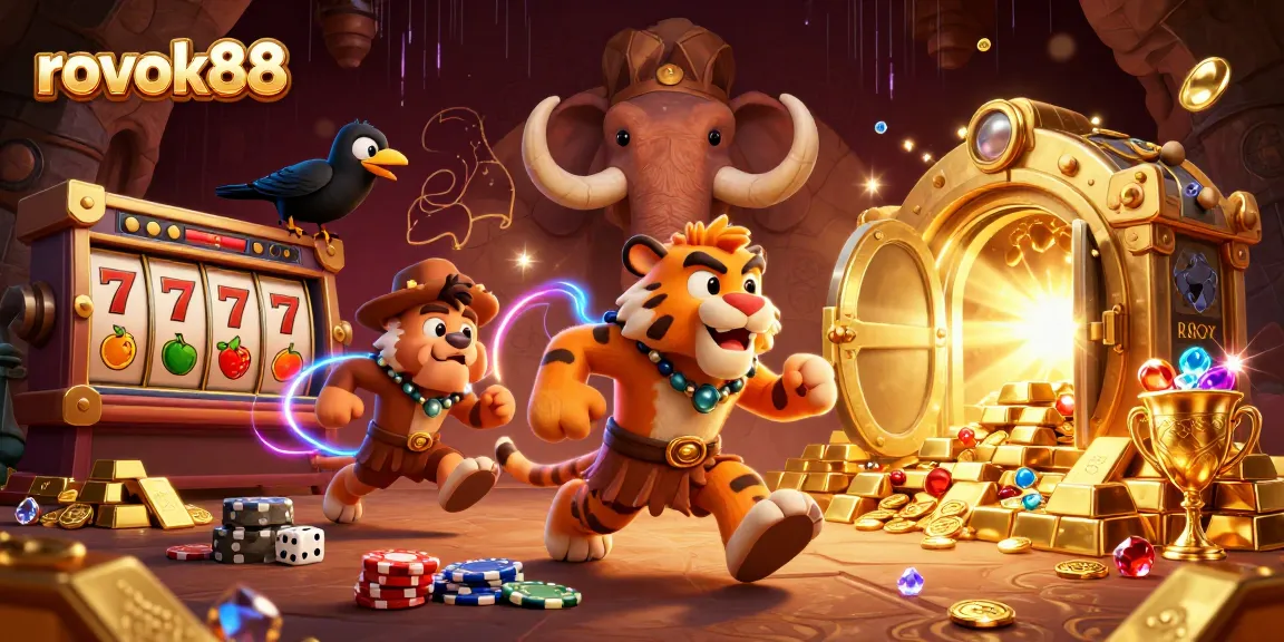 Engage in exciting gameplay at rokok88 with a thrilling prehistoric casino scene alive with vibrant energy.