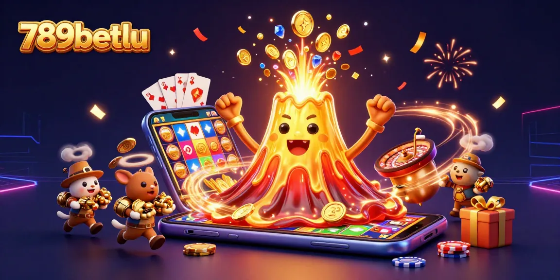 Experience thrilling wins at 789betlu with a vibrant casino scene of golden volcanoes and exciting games.