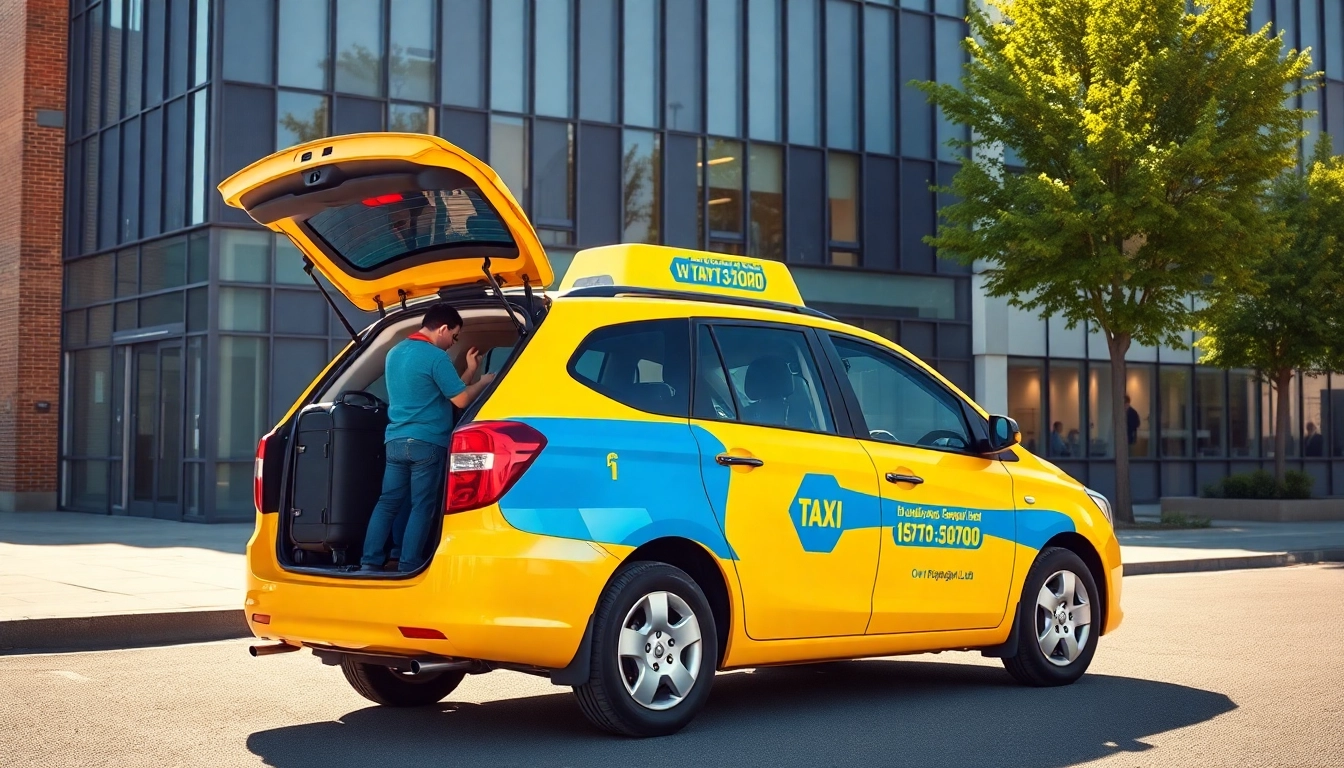 West Bridgford Taxi parked at a modern office, showcasing local transport services.