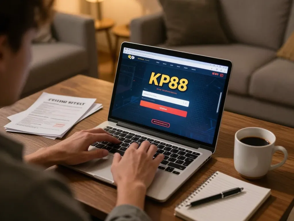 Engaging in KP88 login on a laptop for online gambling in a cozy home setting.