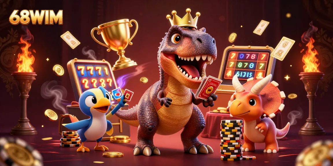Engage with 68WIM in this vibrant 3D scene featuring playful casino characters and games.