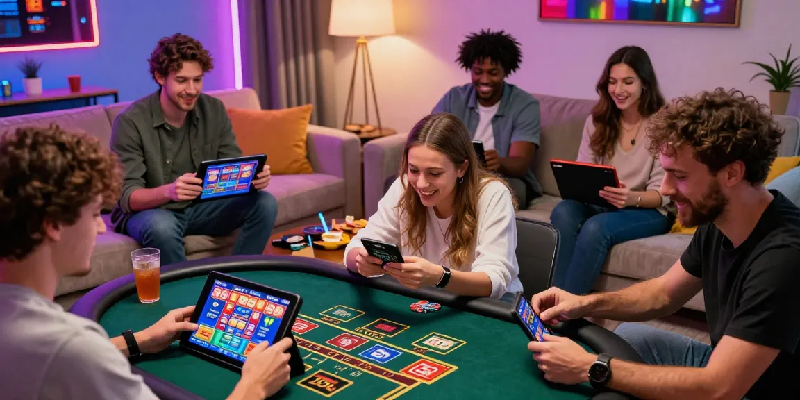 Exciting online gaming scene at credit card casinos with diverse players engaging on devices, representing https://troyuk.co.uk in a vibrant living room.