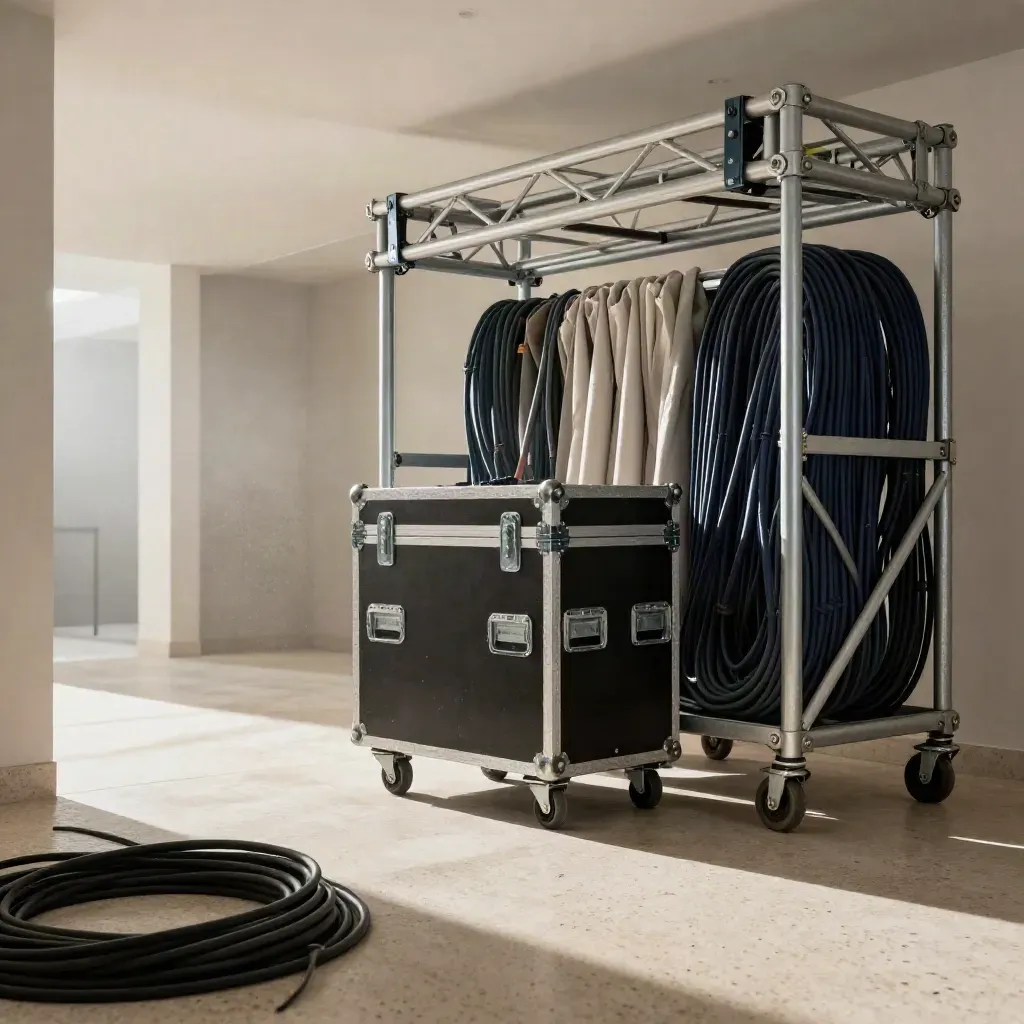 Flight cases, cables, rack, and lighting truss rolling into a load-in corridor