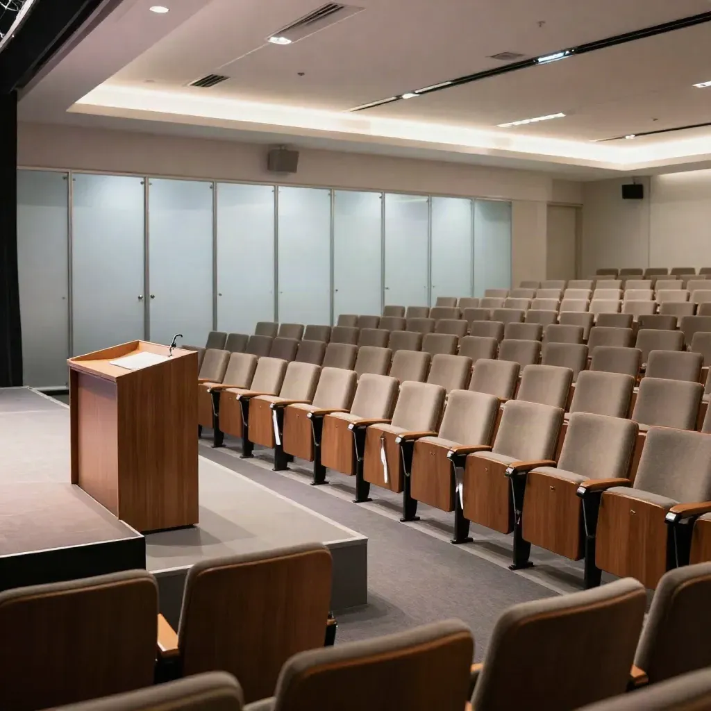 Empty conference theatre with lit stage, lectern, rows of chairs and hazy calm before a corporate event.