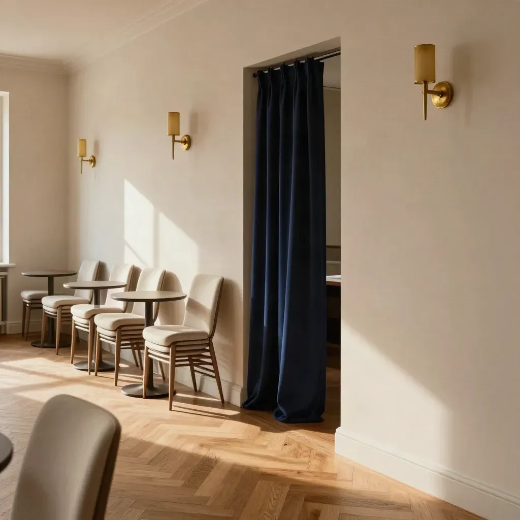 Heritage townhouse venue interior with chairs, pedestals, brass sconces, and warm daylight