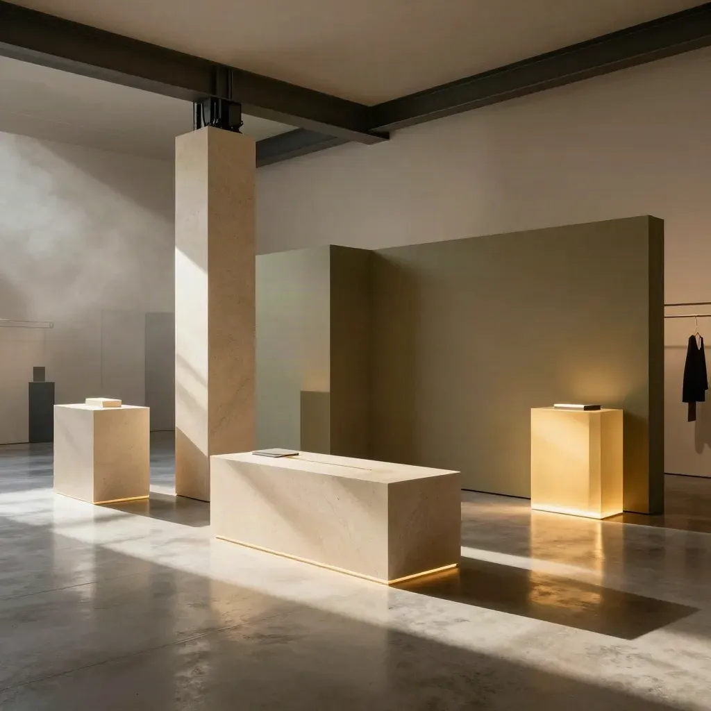 Premium retail pop-up with illuminated plinths, AV column, and modular walls ready for launch.