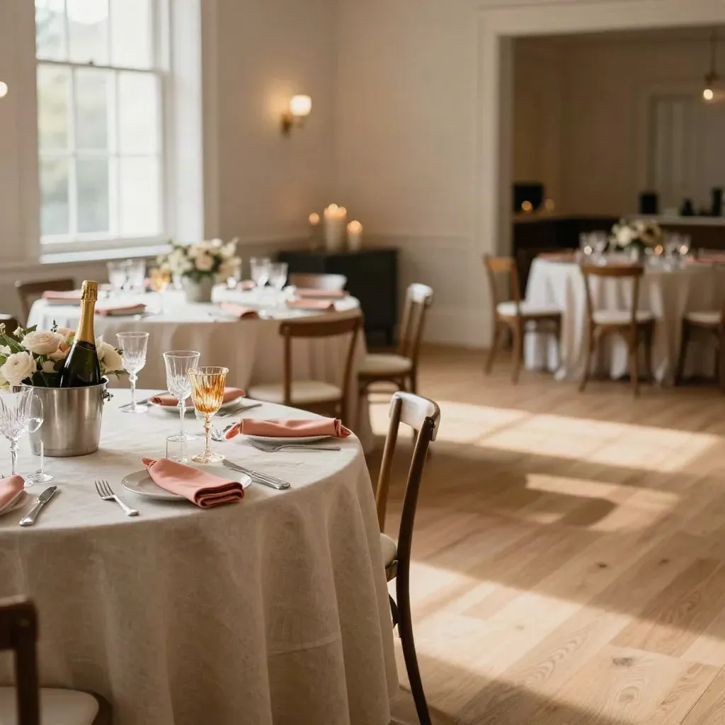 Candlelit celebration room with round tables, low florals, champagne buckets, and an open dance floor.