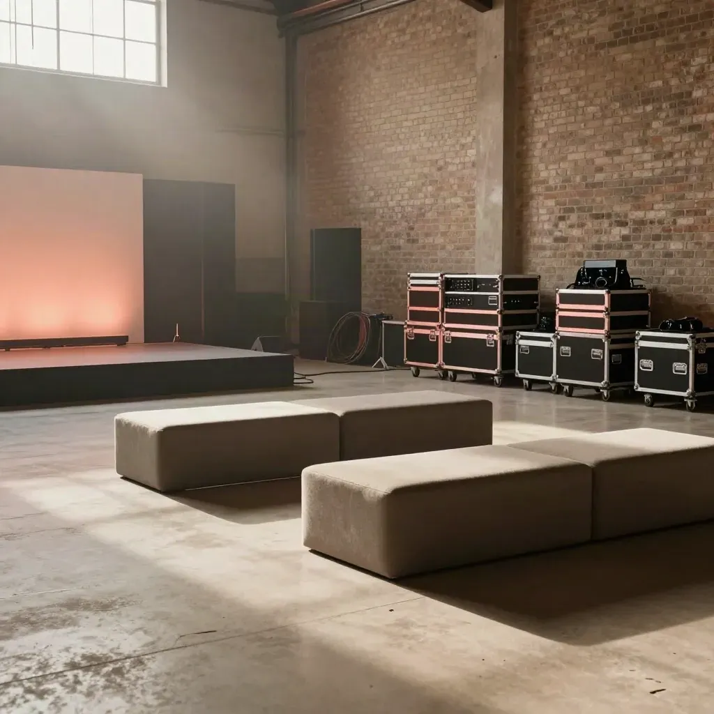 Glowing Shoreditch launch stage with seating islands and stacked pack-down cases in a warehouse.