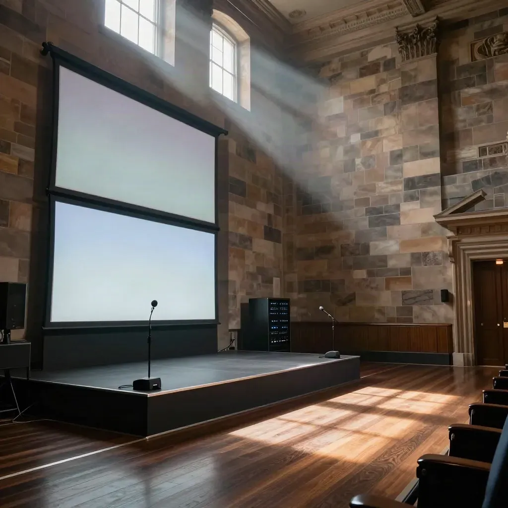 Empty Edinburgh summit room with twin abstract screens, microphones and live hybrid AV setup.
