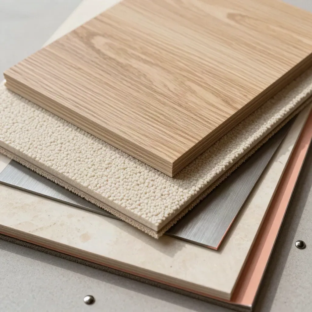 Overhead material samples: oak veneer, limestone, boucle and metal chip with a coral accent.