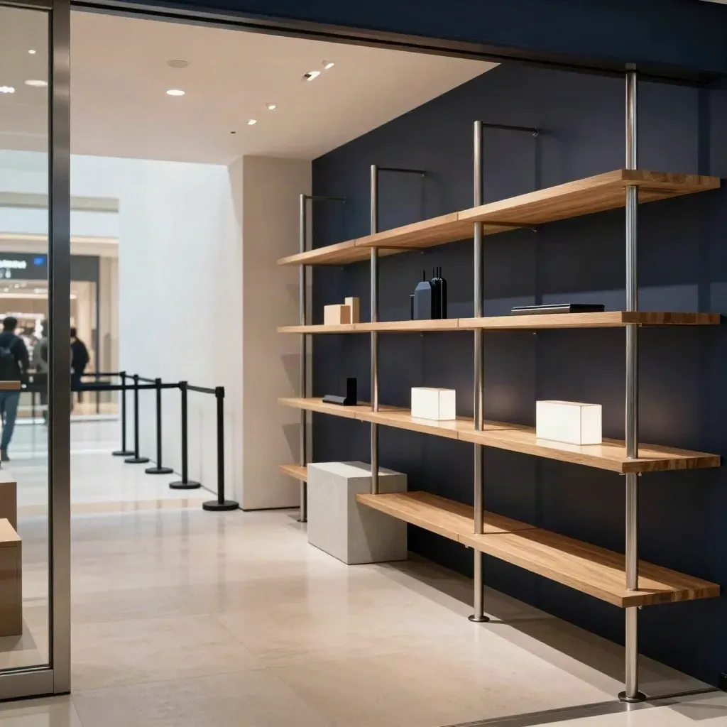 Empty Birmingham retail pop-up ready for opening, with shelving, plinths, lightboxes and queue barriers.