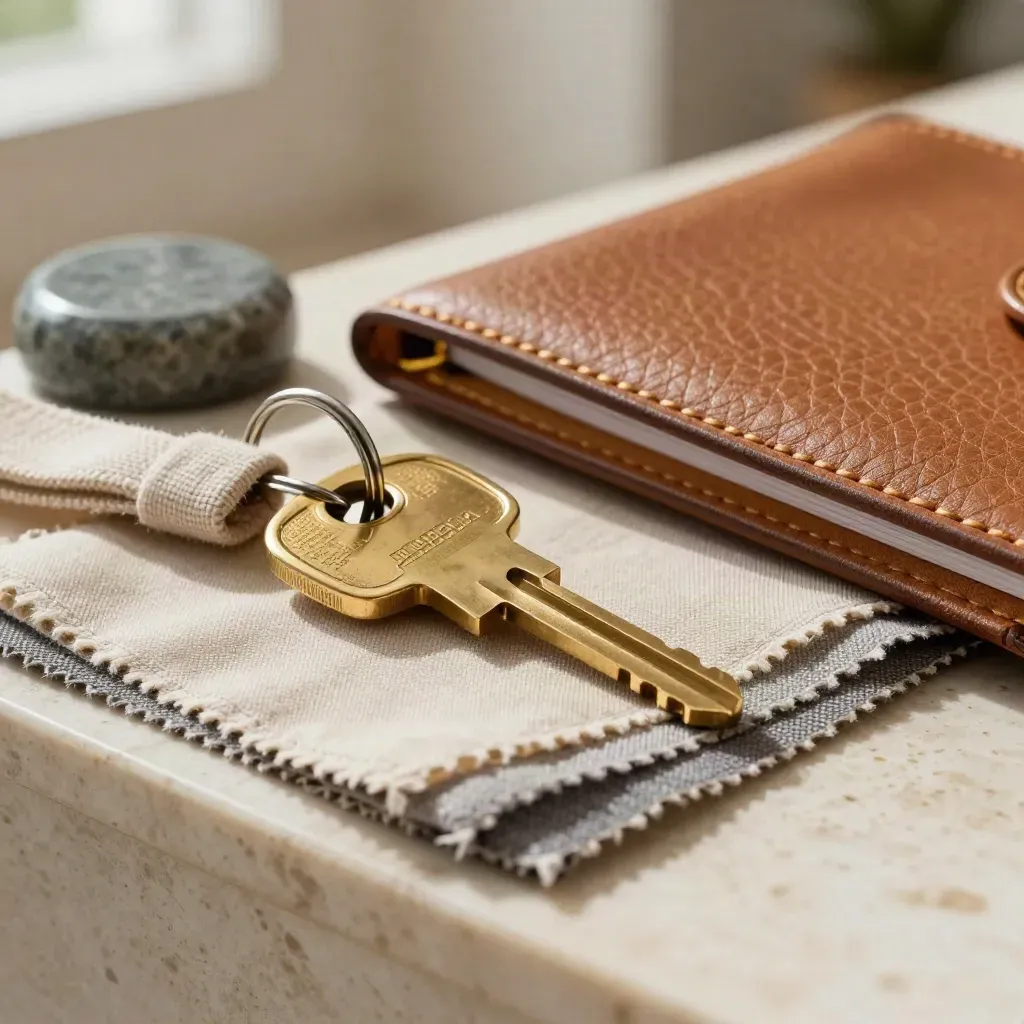 Macro of brass venue keys, fabric swatches and a leather folio on pale travertine.