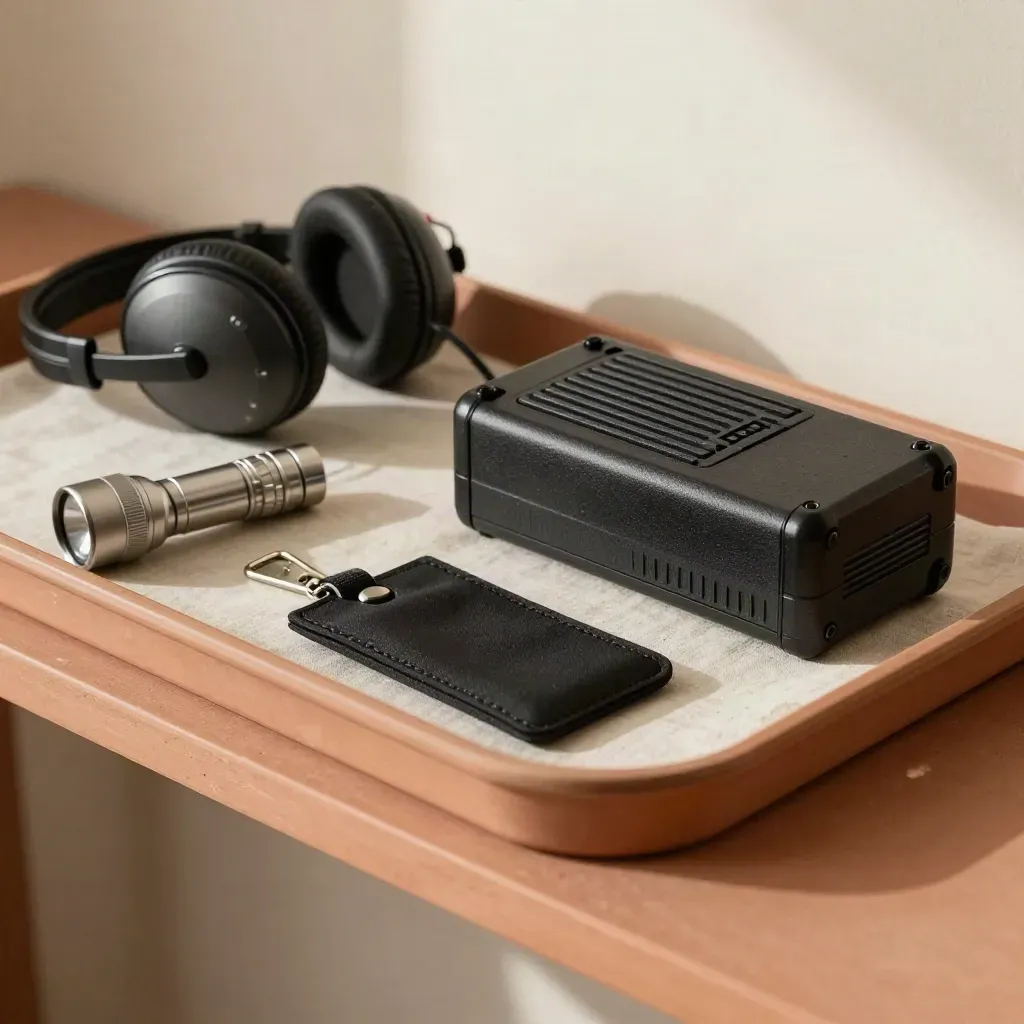 Event ops tray with radio chargers, lanyard clips, spare fobs, flashlight and folded headset.