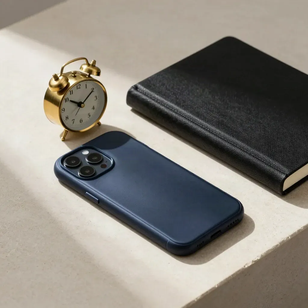 Face-down navy phone, brass clock and black notebook on pale stone