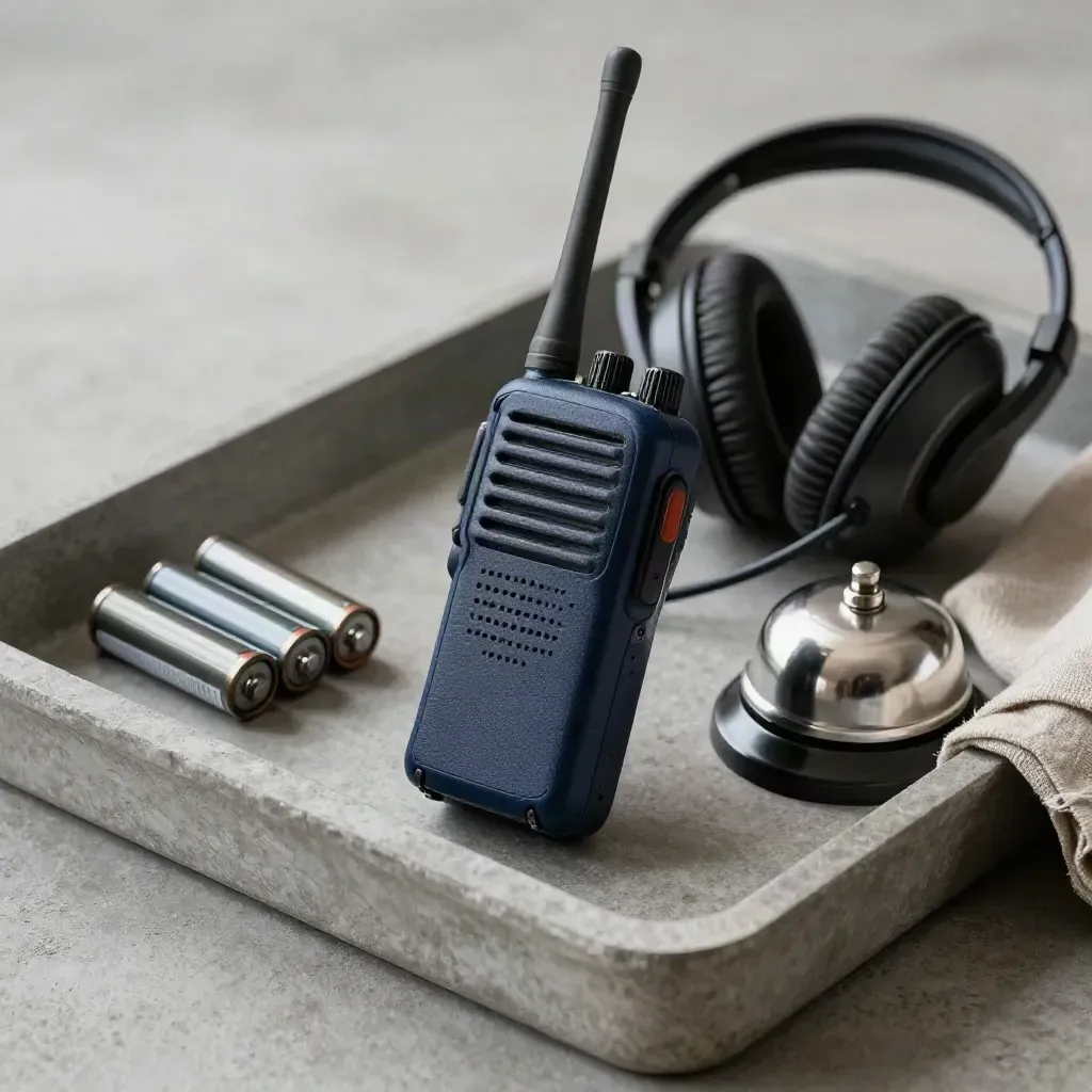 Two-way radio and dispatch gear arranged in a stone tray on a neutral surface with soft side light