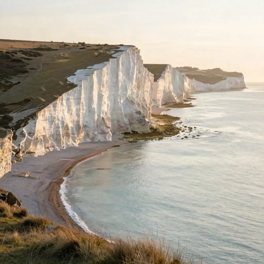 Sunlit white cliffs over a pale sea, wrapped in salt haze at golden hour.