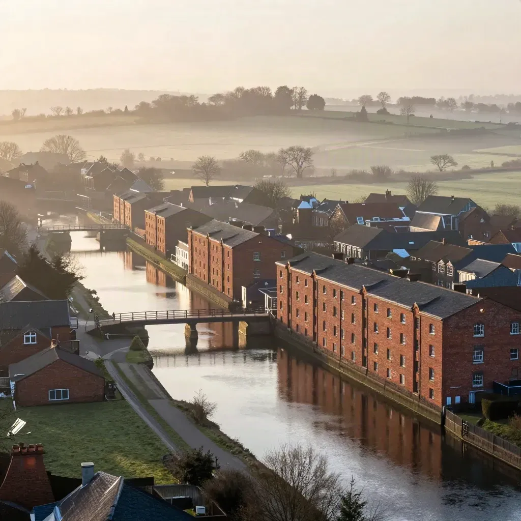 Hazy Midlands canal city edge with parkland and distant hills at dawn