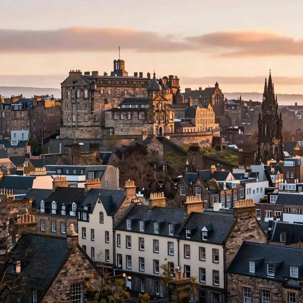 Edinburgh Castle ridge over quiet rooftops in warm golden mist