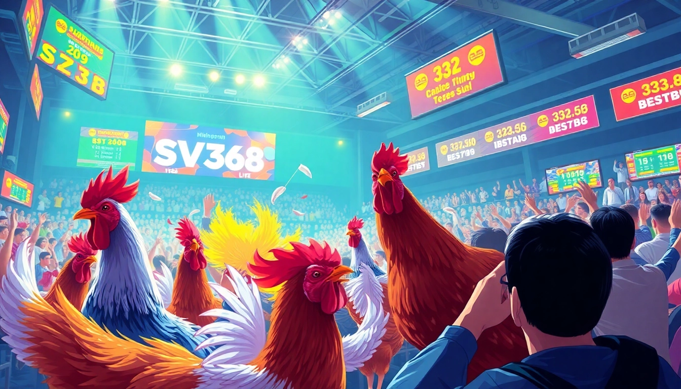 Exciting live cockfighting scene at sv368win.live showcasing intense action and vibrant audience atmosphere.