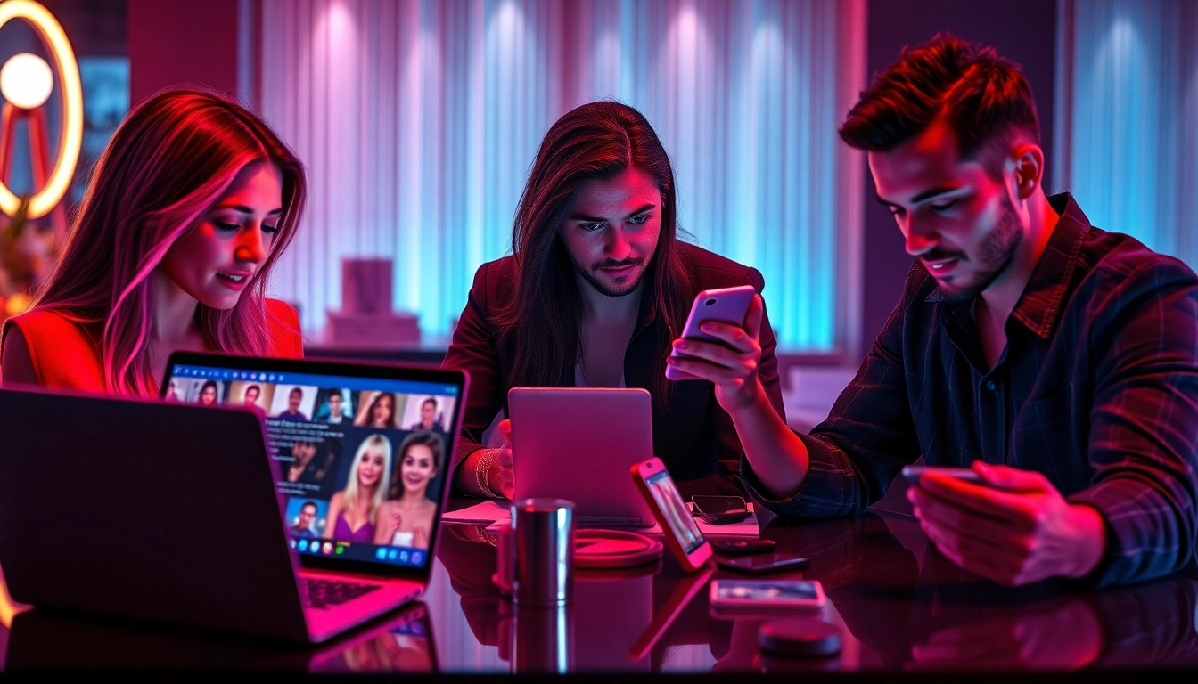 Immersive scene showcasing users enjoying various ai nsfw chat platforms on modern devices, blending technology with allure.