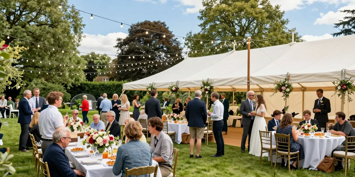 Marquee hire London scene showcasing a festive outdoor celebration with guests enjoying a beautifully decorated garden marquee.