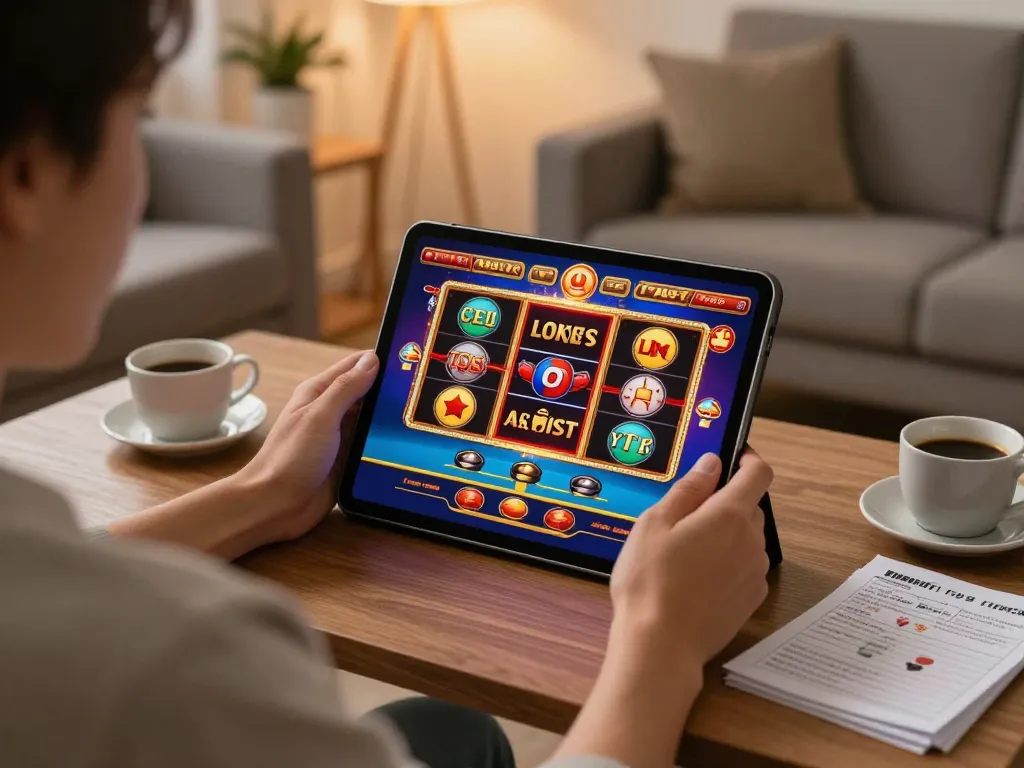 Person enjoying slots and poker games on tablet promoting 98win9 in a cozy home setting