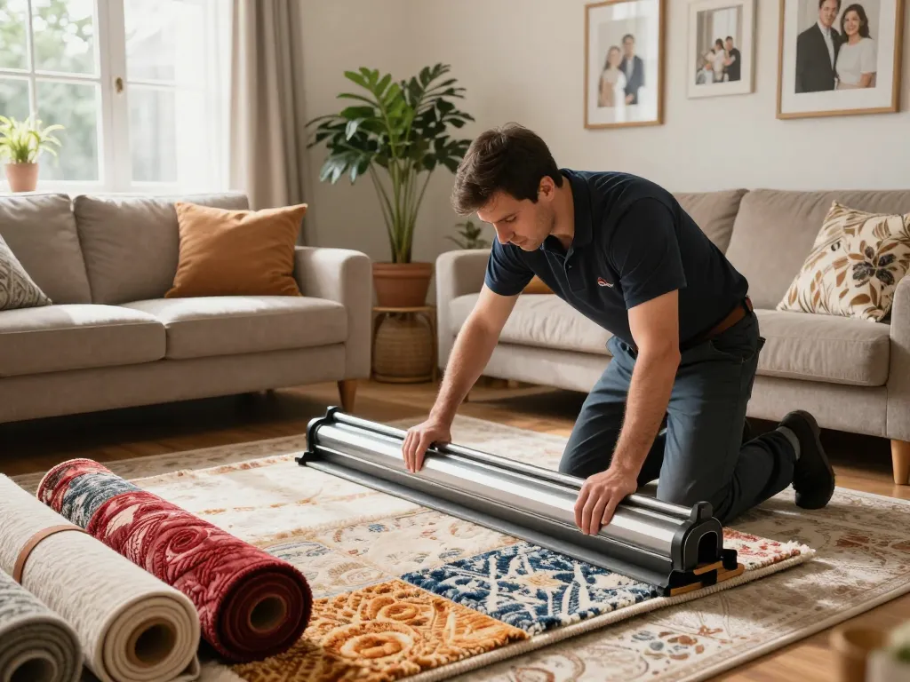 Expert professional demonstrating home carpet fitting services in a cozy living room.