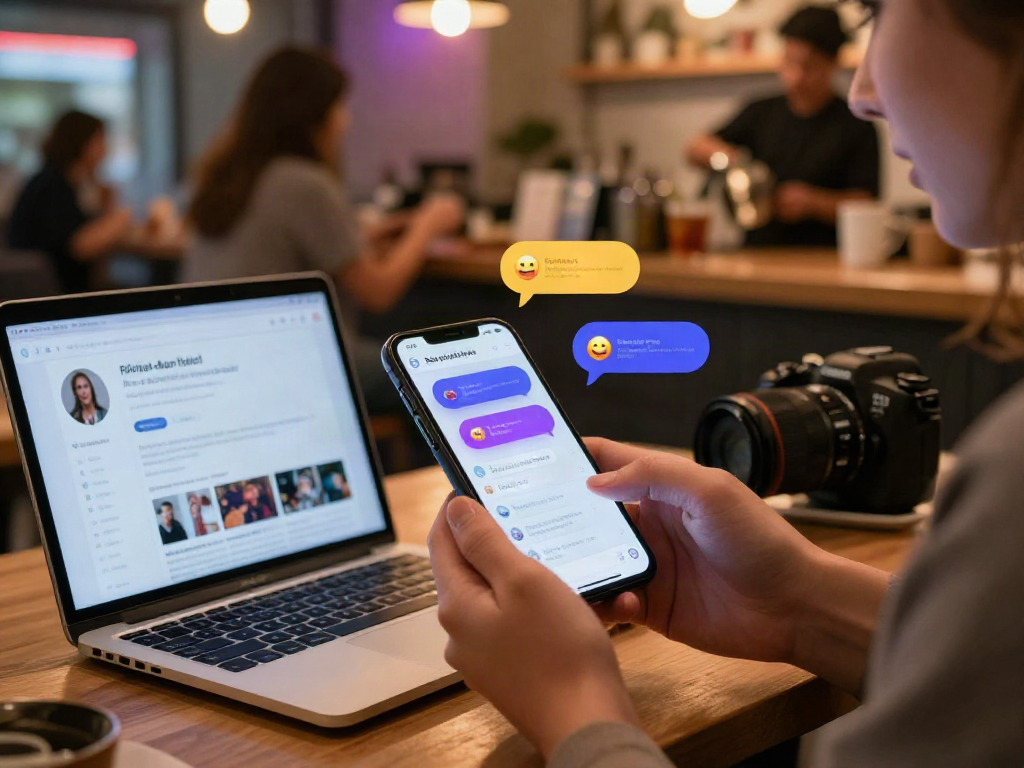 Engaged user on spicychat interacting with vibrant chat bubbles in a cozy café setting